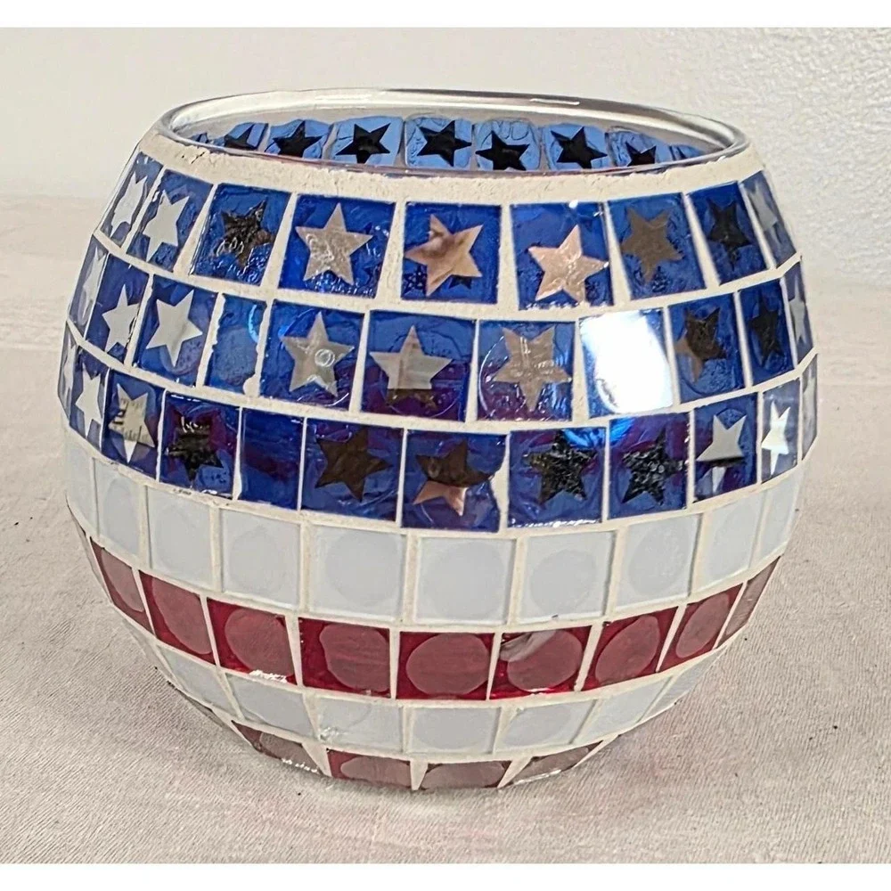 Red White Blue Patriotic Candle Holder Stars & Stripes Mosaic Glass Tile 3 1/2